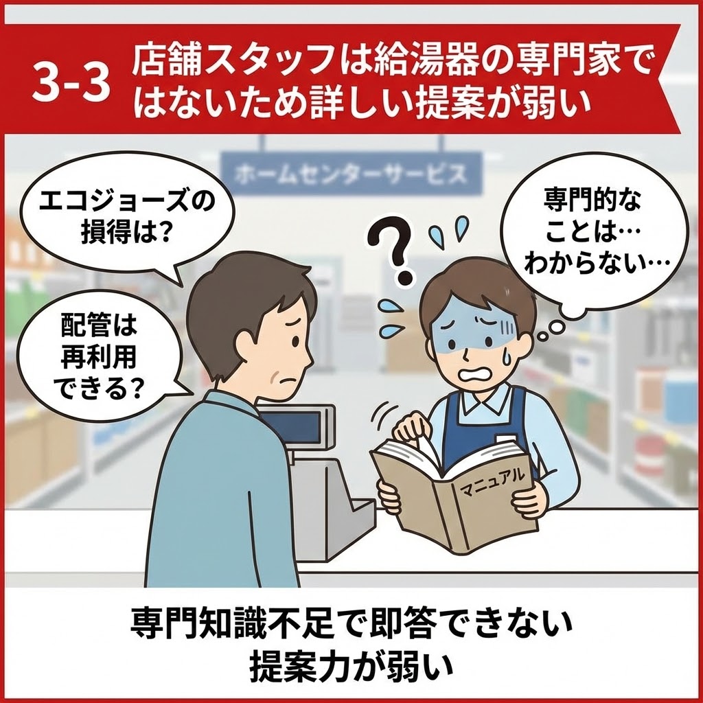 ホームセンターの店舗スタッフは給湯器の専門家ではないため詳しい提案が弱いことを示すイラスト。客が「エコジョーズの損得は？」「配管は再利用できる？」と専門的な質問をするが、店員がマニュアルを見ながら「専門的なことはわからない」と困っており、専門知識不足で即答できず提案力が弱い様子が描かれている。