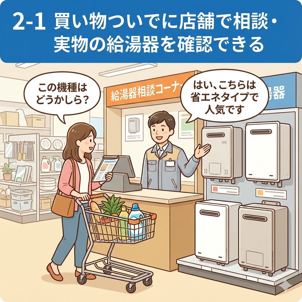 ホームセンターの店舗で、買い物客が店員に給湯器について相談しているイラスト。「買い物ついでに店舗で相談・実物の給湯器を確認できる」というメリットを表現しており、複数の実物大の給湯器が展示されている様子が描かれている。
