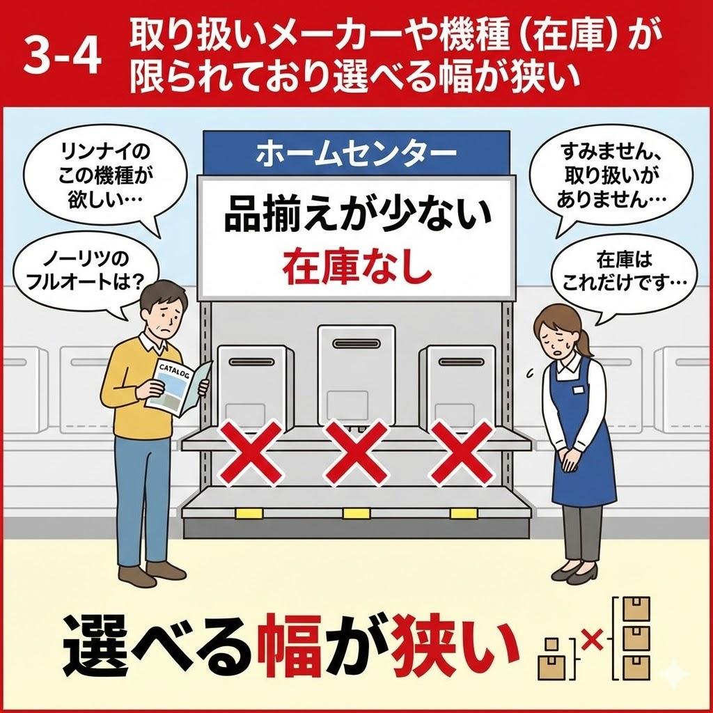 ホームセンターでは給湯器の取り扱いメーカーや機種（在庫）が限られており、選べる幅が狭いというデメリットを示すイラスト。売り場には「品揃えが少ない」「在庫なし」の掲示があり、顧客が「リンナイのこの機種が欲しい」「ノーリツのフルオートは？」と希望するも、店員が「すみません、取り扱いがありません」「在庫はこれだけです」と謝罪している様子が描かれている。