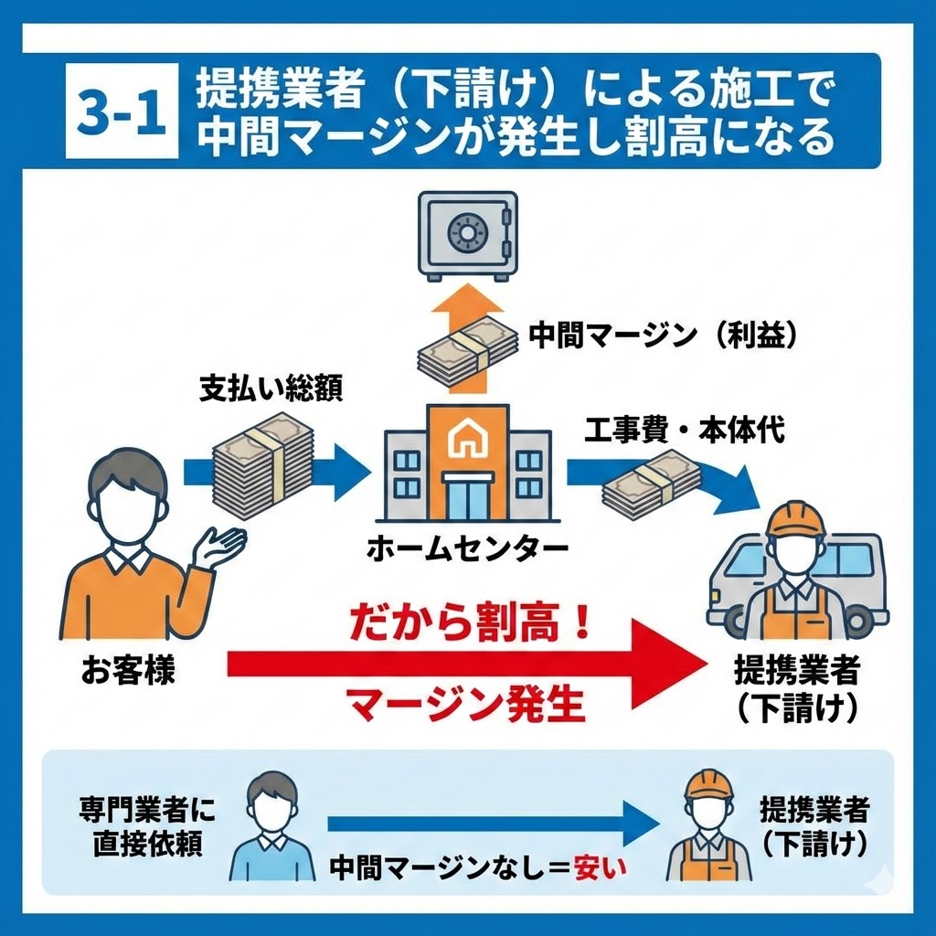 ホームセンターでの給湯器交換において、提携業者（下請け）による施工で中間マージンが発生し割高になる仕組みを図解したイラスト。お客様がホームセンターに支払った総額から、ホームセンターが中間マージン（利益）を確保し、残りが提携業者に渡るお金の流れが示されている。比較として「専門業者に直接依頼」すると「中間マージンなし＝安い」ことも描かれている。