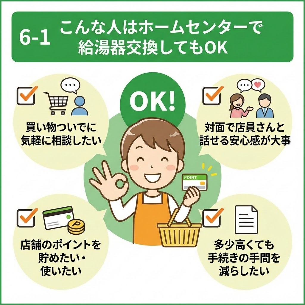 「こんな人はホームセンターで給湯器交換してもOK」を図解したチェックリストイラスト。笑顔でOKサインを出す人物の周囲に、「買い物ついでに気軽に相談したい」「対面で店員さんと話せる安心感が大事」「店舗のポイントを貯めたい・使いたい」「多少高くても手続きの手間を減らしたい」という4つの具体的な条件がアイコン付きで示されている。