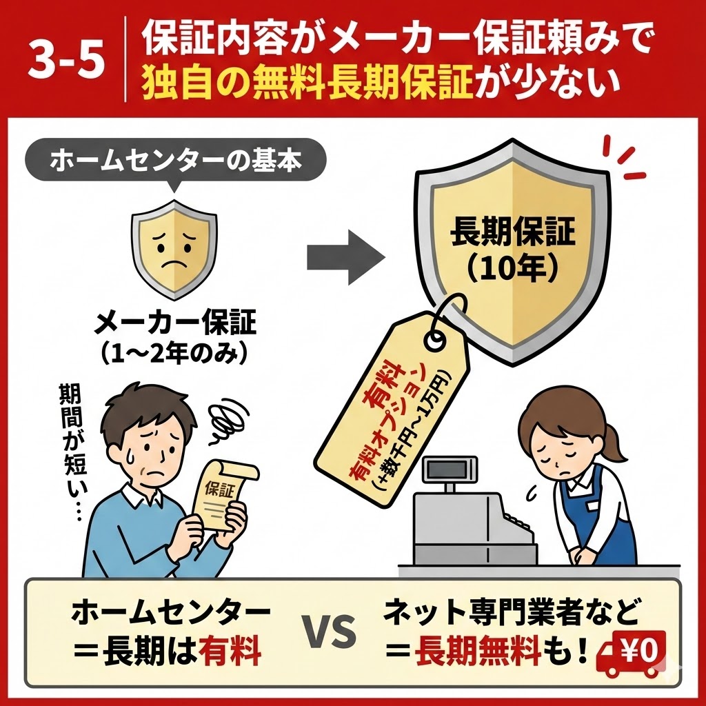 「保証内容がメーカー保証頼みで独自の無料長期保証が少ない」というデメリットを図解したイラスト。ホームセンターの基本は「メーカー保証（1〜2年のみ）」で期間が短く、10年の「長期保証」は「有料オプション（+数千円〜1万円）」となる様子が描かれている。下部には「ホームセンター＝長期は有料」に対し、「ネット専門業者など＝長期無料も！¥0」という比較も示されている。