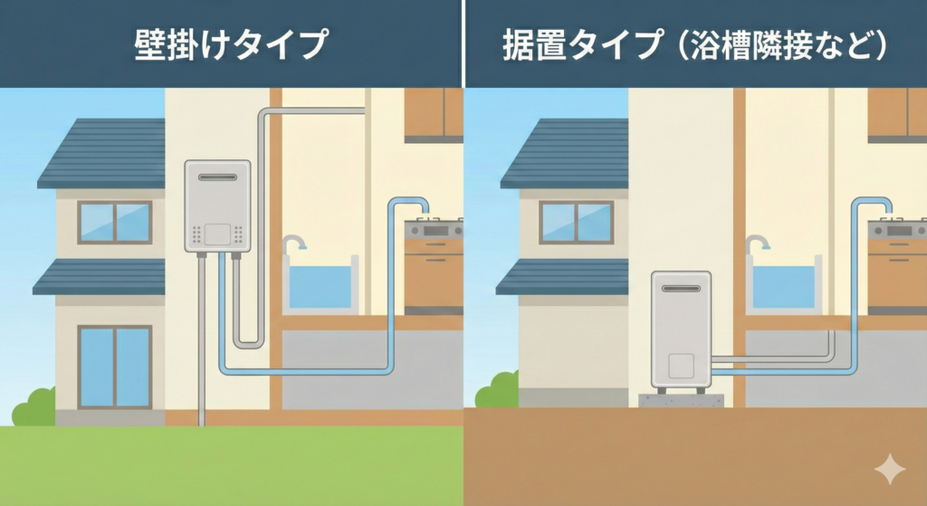 戸建て用ガス給湯器の設置タイプ図解：外壁への壁掛け型と地面への据置型（浴槽隣接タイプ）の違い