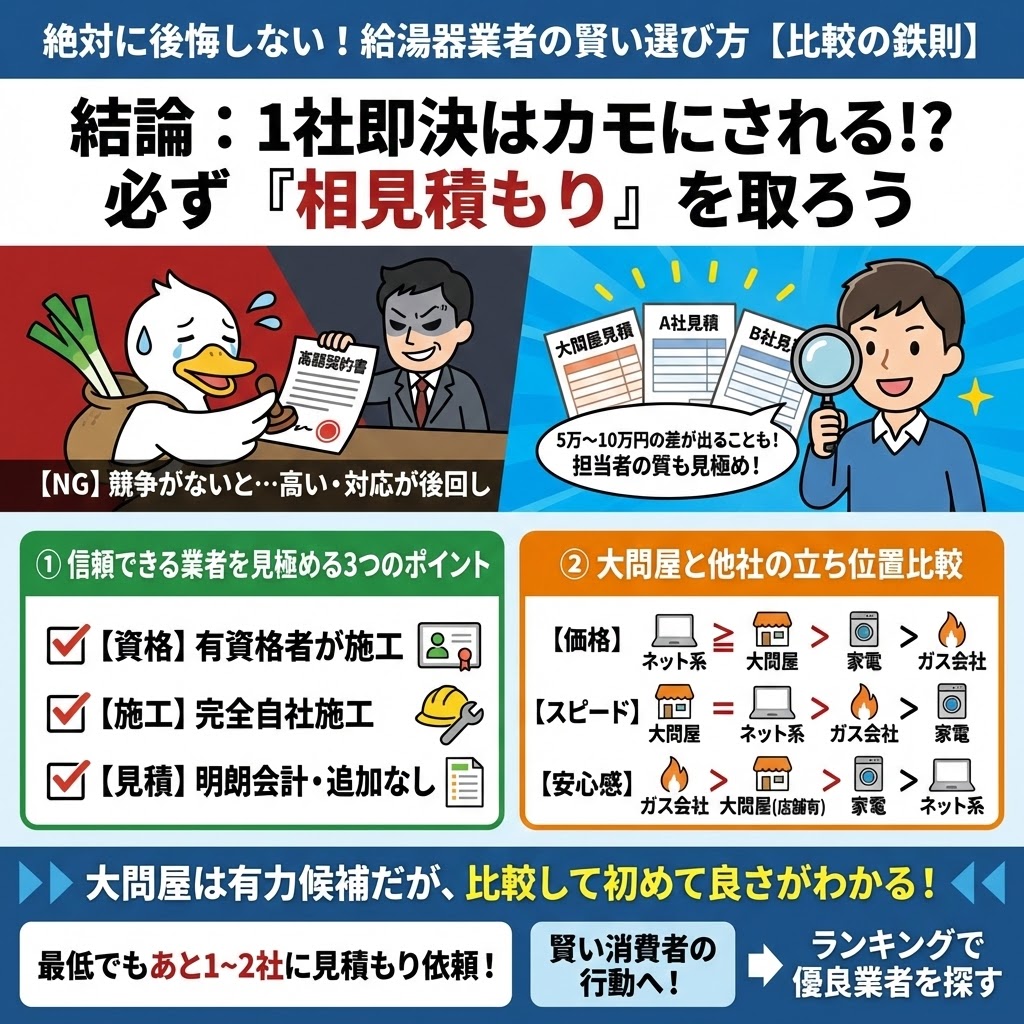 絶対に後悔しない給湯器業者の賢い選び方を解説した比較の鉄則図解。「1社即決はカモにされる」リスクと、複数社の相見積もりを取ることで5万〜10万円の差や担当者の質を見極められるメリットをイラストで対比。さらに、信頼できる業者の3つのポイント（有資格者施工、完全自社施工、明朗会計）と、大問屋・ネット系・家電量販店・ガス会社の立ち位置比較（価格、スピード、安心感）を図示し、最終的に最低あと1〜2社への見積もり依頼を推奨するインフォグラフィック。