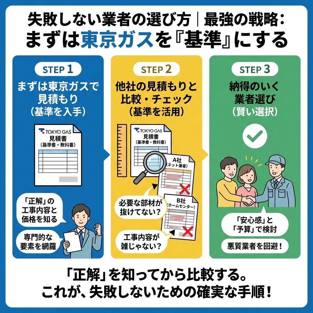 失敗しない給湯器業者の選び方として、東京ガスを「基準」にする最強の戦略を解説するインフォグラフィック。STEP1「まずは東京ガスで見積もり（基準を入手）」で正解の工事内容を知り、STEP2「他社の見積もりと比較・チェック（基準を活用）」で部材抜けや雑な工事を見抜き、STEP3「納得のいく業者選び（賢い選択）」で安心感と予算を検討して悪質業者を回避する3ステップの手順を図解。「正解を知ってから比較する」ことが確実な手順であると強調している。