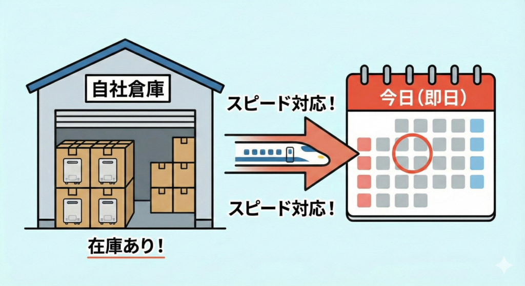 在庫を持っている業者を選ぶことで即日交換が可能になるスピード対応のメリットを示す倉庫とカレンダーの図解