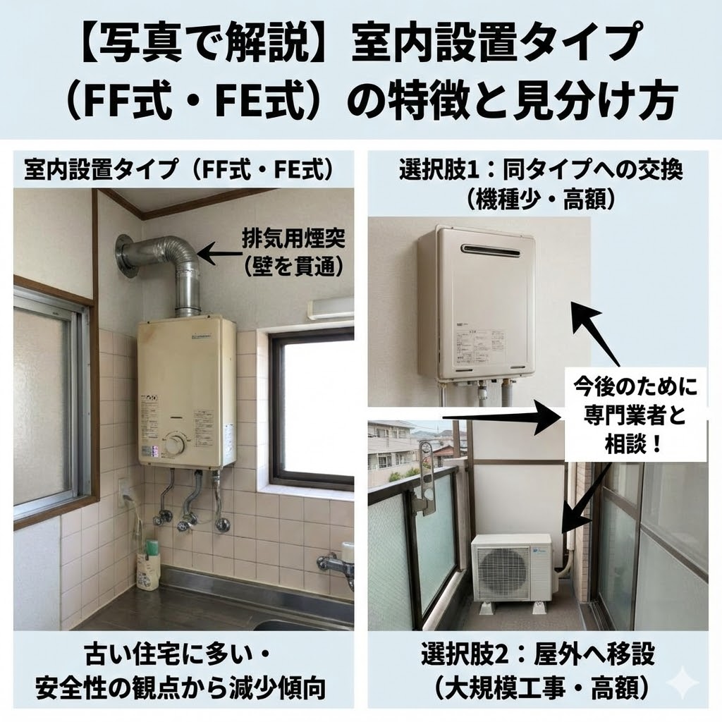 「【写真で解説】室内設置タイプ（FF式・FE式）の特徴と見分け方」と題された比較解説画像。左側に、排気用煙突が壁を貫通している古い室内設置型給湯器の写真と、「古い住宅に多い」「安全性の観点から減少傾向」という説明。右側に、交換の選択肢として「同タイプへの交換（機種少・高額）」の新しい室内機写真と、「屋外へ移設（大規模工事・高額）」のベランダ設置室外機写真を並べ、「今後のために専門業者と相談！」と促す様子を図解している。