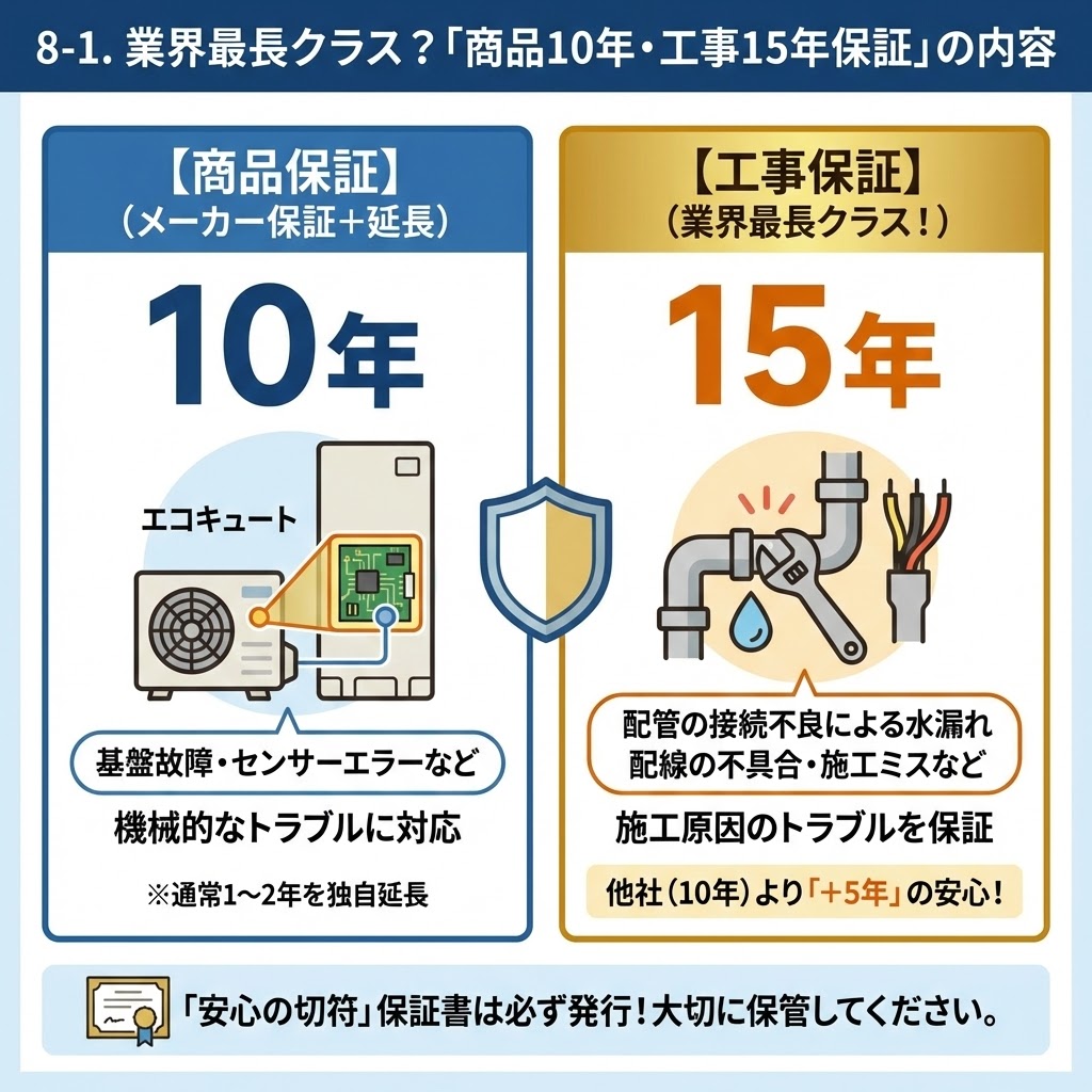 「8-1. 業界最長クラス？『商品10年・工事15年保証』の内容」と題した比較インフォグラフィック。左側の青いパネルは「【商品保証】（メーカー保証＋延長）10年」で、エコキュートの基盤やセンサーのイラストと共に「基盤故障・センサーエラーなど機械的なトラブルに対応（※通常1〜2年を独自延長）」と説明。右側の金色のパネルは「【工事保証】（業界最長クラス！）15年」で、配管の水漏れや配線のイラストと共に「配管の接続不良による水漏れ、配線の不具合・施工ミスなど施工原因のトラブルを保証」と説明し、「他社（10年）より『＋5年』の安心！」と強調。中央に盾のアイコンがあり、下部には「『安心の切符』保証書は必ず発行！大切に保管してください。」というメッセージと保証書のイラストがある。