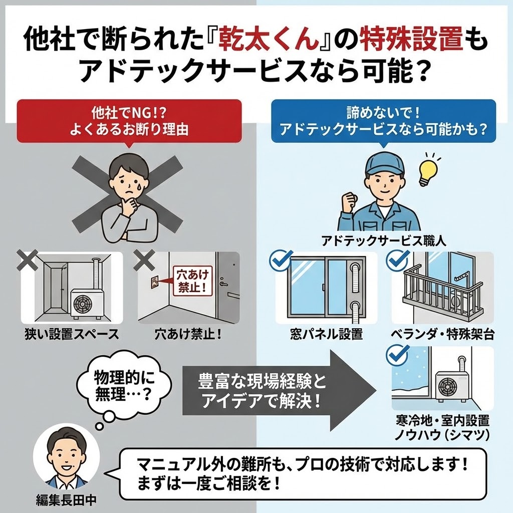 【乾太くん特殊設置】他社で断られた『乾太くん』の特殊設置もアドテックサービスなら可能？と題した解決策比較図。左側では「狭い設置スペース」や「マンションの穴あけ禁止」を理由に他社で断られるケースを描写。右側ではアドテックサービスの職人が「窓パネル設置」「ベランダ・特殊架台」「寒冷地・室内設置（シマツ）」などの技術で解決できることを図解。編集長田中が「マニュアル外の難所も、プロの技術で対応します！まずは一度ご相談を！」と提案している。