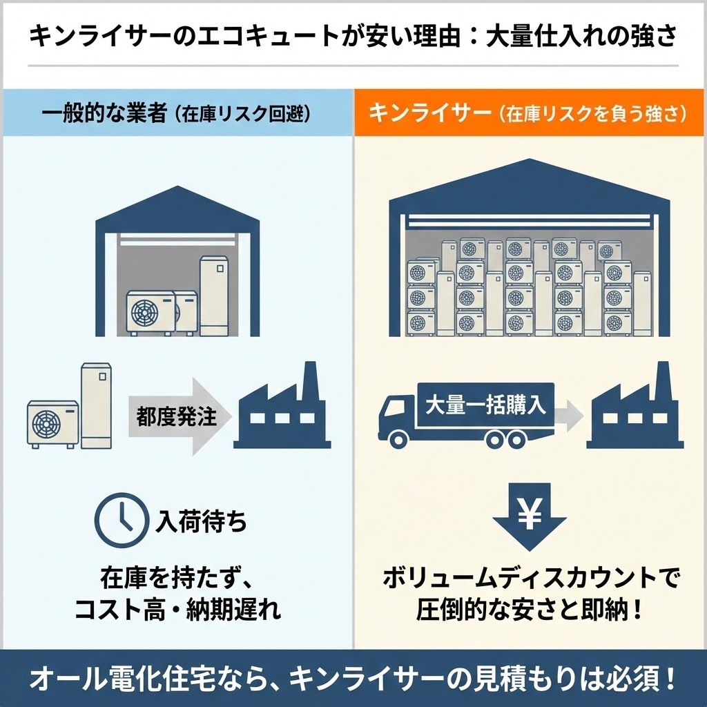 キンライサーのエコキュートが安い理由：大量仕入れの強さを解説するインフォグラフィック。左側（水色）は「一般的な業者（在庫リスク回避）」が、在庫を持たず「都度発注」するため、「入荷待ち」で「コスト高・納期遅れ」になる様子を図解。右側（オレンジ）は「キンライサー（在庫リスクを負う強さ）」が、巨大倉庫で在庫を保有し「大量一括購入」を行うことで、「ボリュームディスカウントで圧倒的な安さと即納」を実現する様子を図解している 。下部には「オール電化住宅なら、キンライサーの見積もりは必須！」と記載されている 。