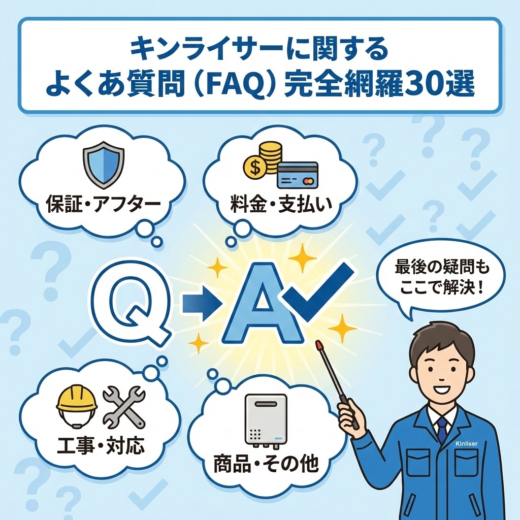 「キンライサーに関するよくある質問（FAQ）完全網羅30選」と題された図解イラスト。中央で大きなQ（質問）がA（回答・解決）へと変化し、チェックマークと光で疑問が解消される様子を表現。周囲には「保証・アフター」「料金・支払い」「工事・対応」「商品・その他」の4つのカテゴリがアイコンと共に示され、右側でキンライサーの作業員キャラクターが「最後の疑問もここで解決！」と案内している。
