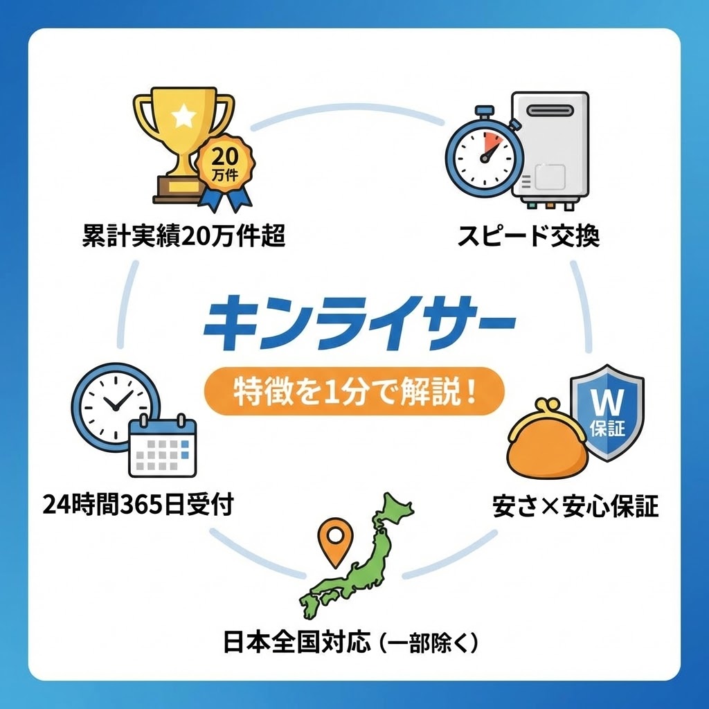 「キンライサー 特徴を1分で解説！」と題された図解イラスト。中央のタイトルを囲むように、スピード交換、安さ×安心保証（W保証）、日本全国対応（一部除く）、24時間365日受付、累計実績20万件超という5つの主要な特徴が、それぞれのアイコンと共に分かりやすく配置されている。