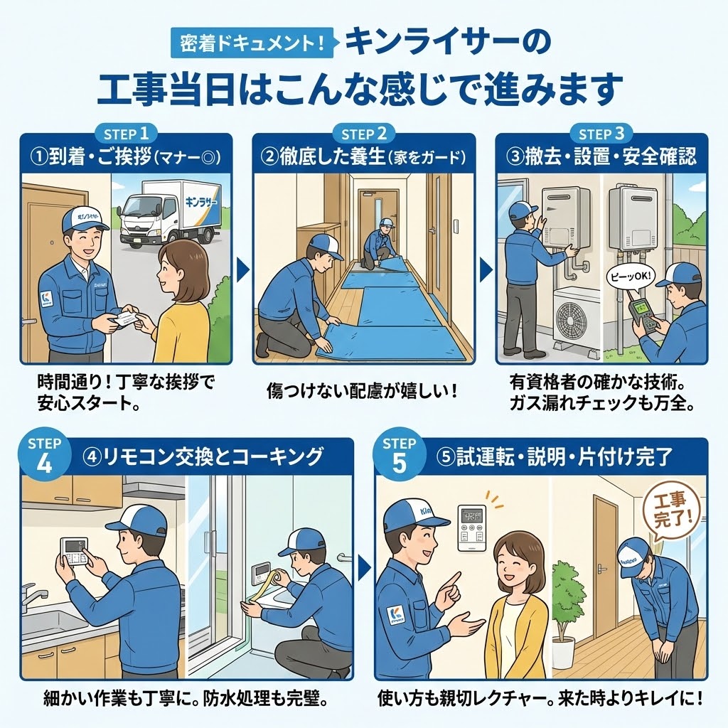 「密着ドキュメント！キンライサーの工事当日はこんな感じで進みます」と題された5段階の図解イラスト。STEP1「到着・ご挨拶」での丁寧な対応、STEP2「徹底した養生」による室内の保護、STEP3「撤去・設置・安全確認」での有資格者によるガス漏れチェック、STEP4「リモコン交換とコーキング」での丁寧な防水処理、そしてSTEP5「試運転・説明・片付け完了」での機器説明と清掃を経て工事が完了するまでの具体的な流れが詳細に描かれている。