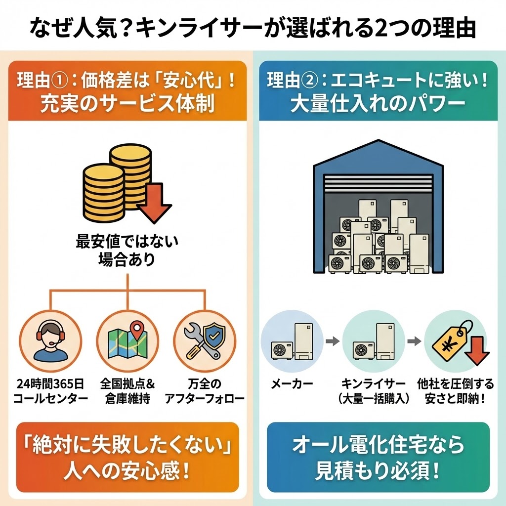 「なぜ人気？キンライサーが選ばれる2つの理由」のインフォグラフィック。左側（オレンジ）は「理由①：価格差は『安心代』！充実のサービス体制」として、最安値ではない場合があっても、「24時間365日コールセンター」「全国拠点＆倉庫維持」「万全のアフターフォロー」といった体制が「絶対に失敗したくない人への安心感」に繋がることを図解 。右側（青緑）は「理由②：エコキュートに強い！大量仕入れのパワー」として、巨大倉庫での在庫保有と「メーカーからの大量一括購入」により、「他社を圧倒する安さと即納」を実現し、「オール電化住宅なら見積もり必須」であることを図解している 。