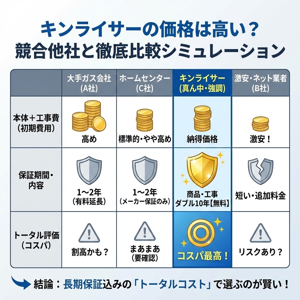 「キンライサーの価格は高い？競合他社と徹底比較シミュレーション」と題された比較表形式の図解イラスト。大手ガス会社(A社)、ホームセンター(C社)、キンライサー、激安・ネット業者(B社)の4社を、「本体＋工事費（初期費用）」「保証期間・内容」「トータル評価（コスパ）」の3項目で比較している。キンライサーは初期費用が「納得価格」、保証が「商品・工事ダブル10年【無料】」と強調されており、トータル評価で「コスパ最高！」の評価となっている。下部には「結論：長期保証込みの『トータルコスト』で選ぶのが賢い！」というメッセージがある。