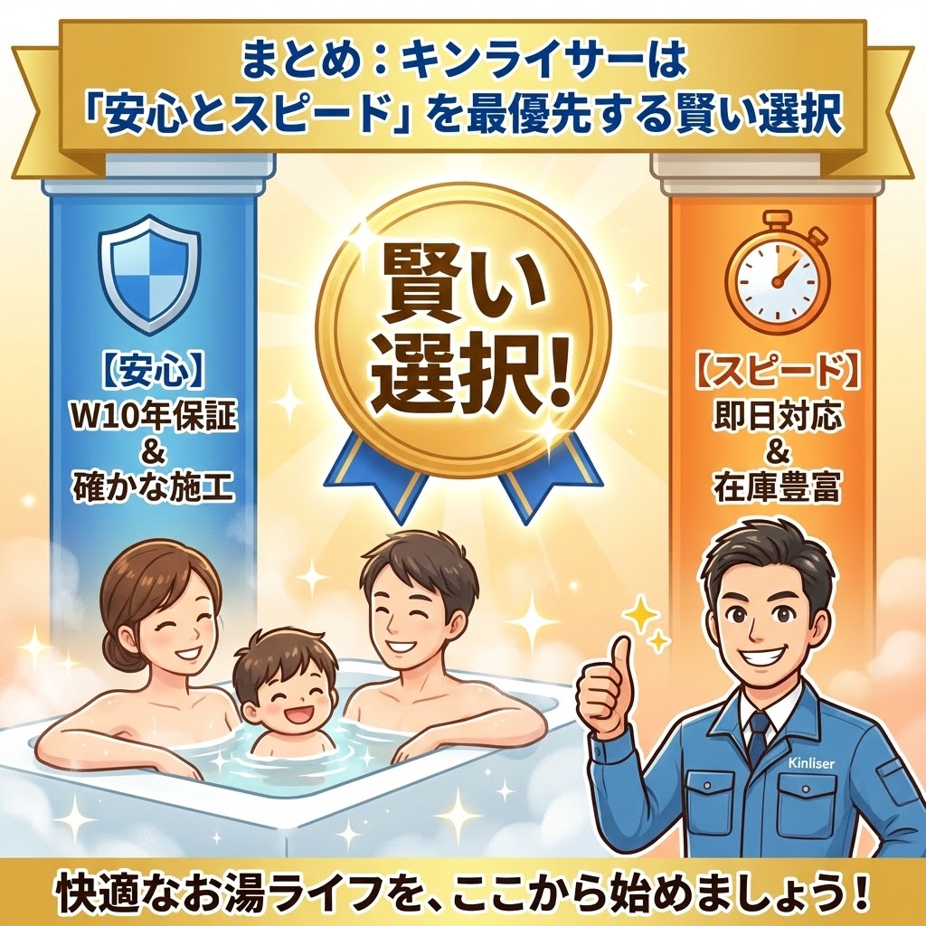 「まとめ：キンライサーは「安心とスピード」を最優先する賢い選択」と題されたブログ記事のまとめ図解イラスト。中央の「賢い選択！」という金メダルを、左側の「【安心】W10年保証＆確かな施工」の柱と、右側の「【スピード】即日対応＆在庫豊富」の柱が支えている構造。下部には笑顔で入浴する家族とキンライサーのスタッフが描かれ、「快適なお湯ライフを、ここから始めましょう！」というメッセージが添えられている。