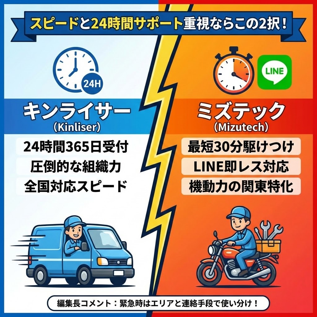 キンライサーとミズテックのスピード・24時間サポート比較図。左側のキンライサーは24時間365日受付と全国対応の組織力を強調し、右側のミズテックは最短30分駆けつけとLINE即レス対応の機動力を強調している。編集長コメントとして、緊急時はエリアと連絡手段で使い分けることを推奨している。