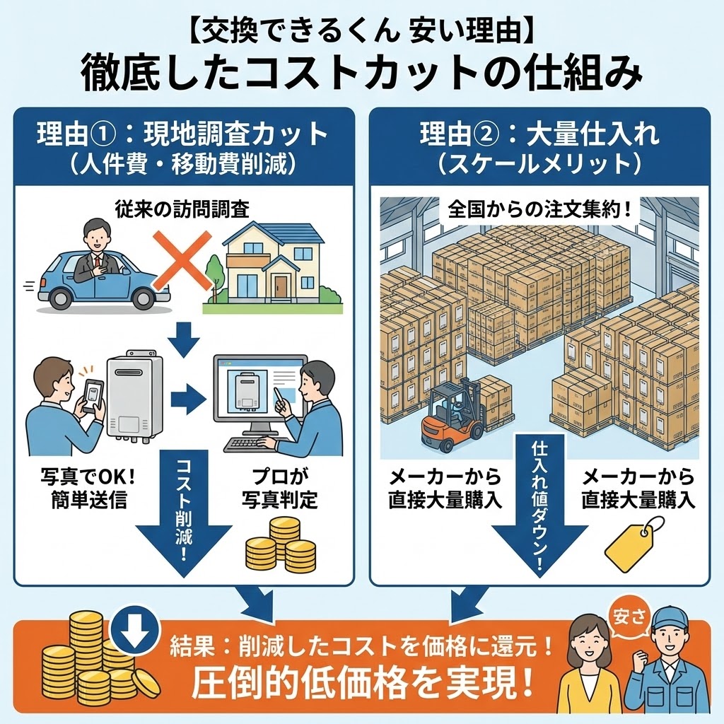 「【交換できるくん 安い理由】徹底したコストカットの仕組み」というタイトルの図解画像。左側では「理由①:現地調査カット(人件費・移動費削減)」として、従来の訪問調査を廃止し、写真送信とプロの写真判定によってコストを削減する流れをイラストで解説。右側では「理由②:大量仕入れ(スケールメリット)」として、全国からの注文を集約し、メーカーから直接大量購入することで仕入れ値を下げる様子を巨大倉庫のイラストで解説。これらの結果として、削減したコストが価格に還元され、圧倒的低価格が実現することを最下部で示している。