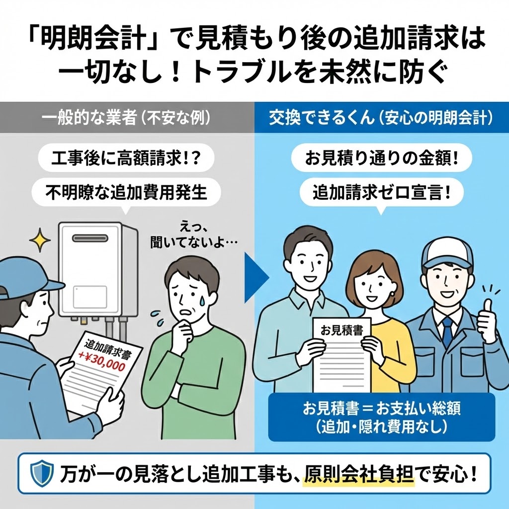 「『明朗会計』で見積もり後の追加請求は一切なし!トラブルを未然に防ぐ」というタイトルの比較図解画像。左半分は「一般的な業者(不安な例)」として、工事後に不明瞭な高額追加請求書を渡され「えっ、聞いてないよ…」と困惑する男性を描写。右半分は「交換できるくん(安心の明朗会計)」として、「見積もり=支払い総額」であり「追加請求ゼロ宣言」によって安心する家族と笑顔のスタッフを描写。最下部には、万が一の追加工事も原則会社負担である旨が記されている。