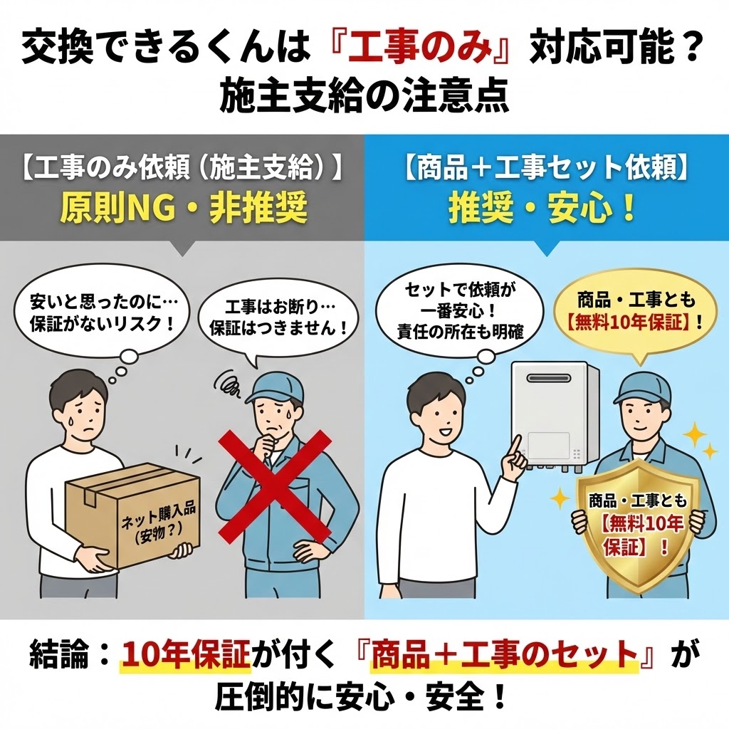 交換できるくんの「工事のみ(施主支給)」対応に関する注意点と、「商品+工事セット」のメリットを比較した図解。左側では施主支給が原則NGで保証がつかないリスクを困った様子のイラストで、右側ではセット依頼なら商品・工事ともに無料10年保証が付き安心であることを笑顔のイラストで対比させ、最終的にセット依頼が圧倒的に安全であるという結論を示している。