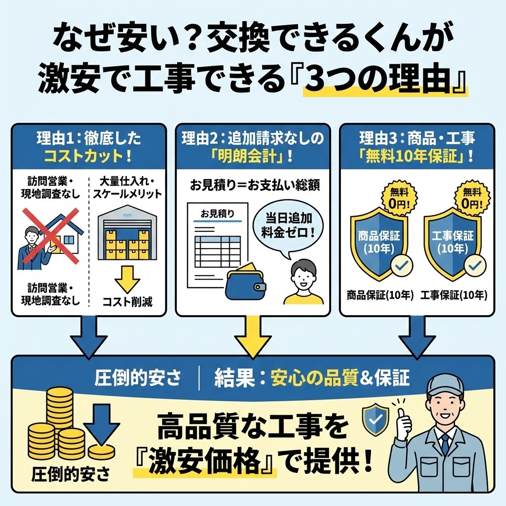 「なぜ安い?交換できるくんの給湯器が激安で工事できる『3つの理由』」というタイトルの図解画像。理由1として「徹底したコストカット(訪問営業・現地調査なし、大量仕入れによるスケールメリット)」、理由2として「追加請求なしの『明朗会計』(見積もりが支払い総額で、当日の追加料金がゼロ)」、理由3として「商品と工事の両方に『無料10年保証』が付帯(どちらも無料0円)」をイラストで解説。これらの結果として、圧倒的な安さと安心の品質・保証を両立し、高品質な工事を「激安価格」で提供できる仕組みを図示している。