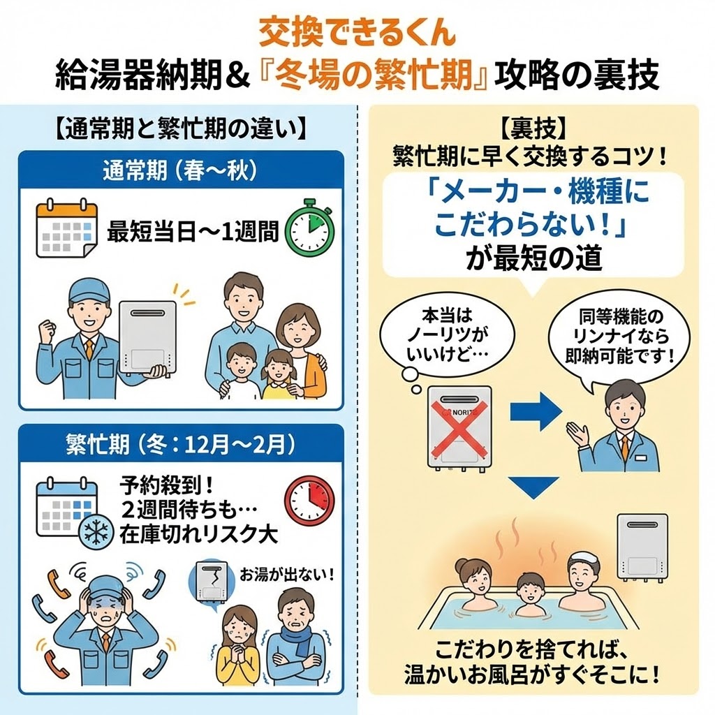交換できるくんの給湯器納期比較と、冬の繁忙期に早く交換する裏技の図解。左側で通常期(最短当日〜1週間)と繁忙期(12月〜2月、2週間待ち・在庫切れリスクあり)の違いを比較し、右側でメーカーにこだわらず在庫のある同等機種を選ぶことで繁忙期でも早く交換できるコツをイラストで解説。