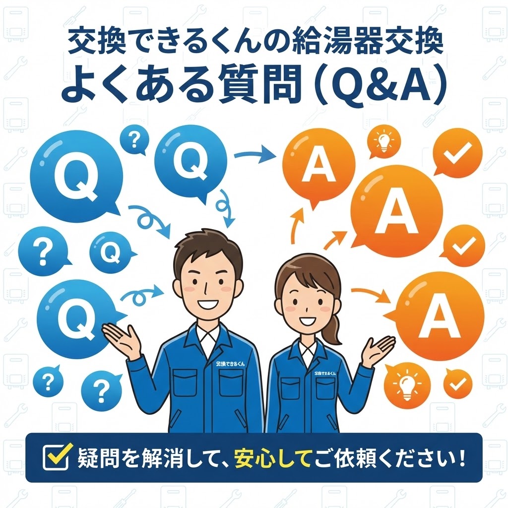 「交換できるくんの給湯器交換に関するよくある質問(Q&A)」のイメージイラスト。交換できるくんの制服を着た男女のスタッフが、左側に浮かぶ多数の「Q(質問)」の吹き出しから、右側の「A(回答・解決)」の吹き出しへと案内している様子を描写。具体的な質問内容は記載されておらず、疑問が解消されて安心できることを視覚的に表現している。
