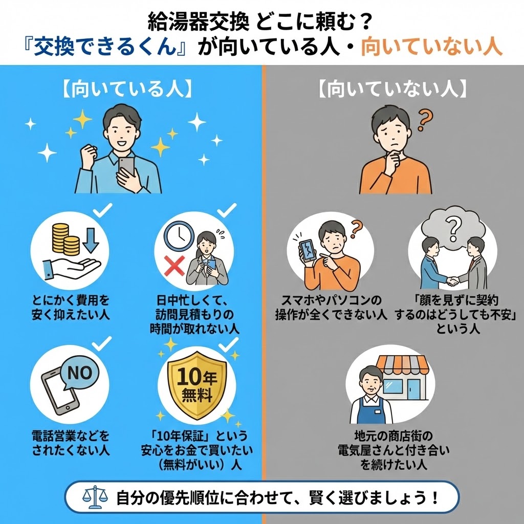 「給湯器交換 どこに頼む? 『交換できるくん』が向いている人・向いていない人」と題した正方形の比較図解。左側の青いエリアでは、費用重視、忙しい、電話営業が苦手、10年保証希望という「向いている人」の特徴をアイコンと笑顔の人物で描写。右側のグレーのエリアでは、スマホ操作が苦手、対面希望、地元の店と付き合いたいという「向いていない人」の特徴をアイコンと困り顔の人物で対比させている。