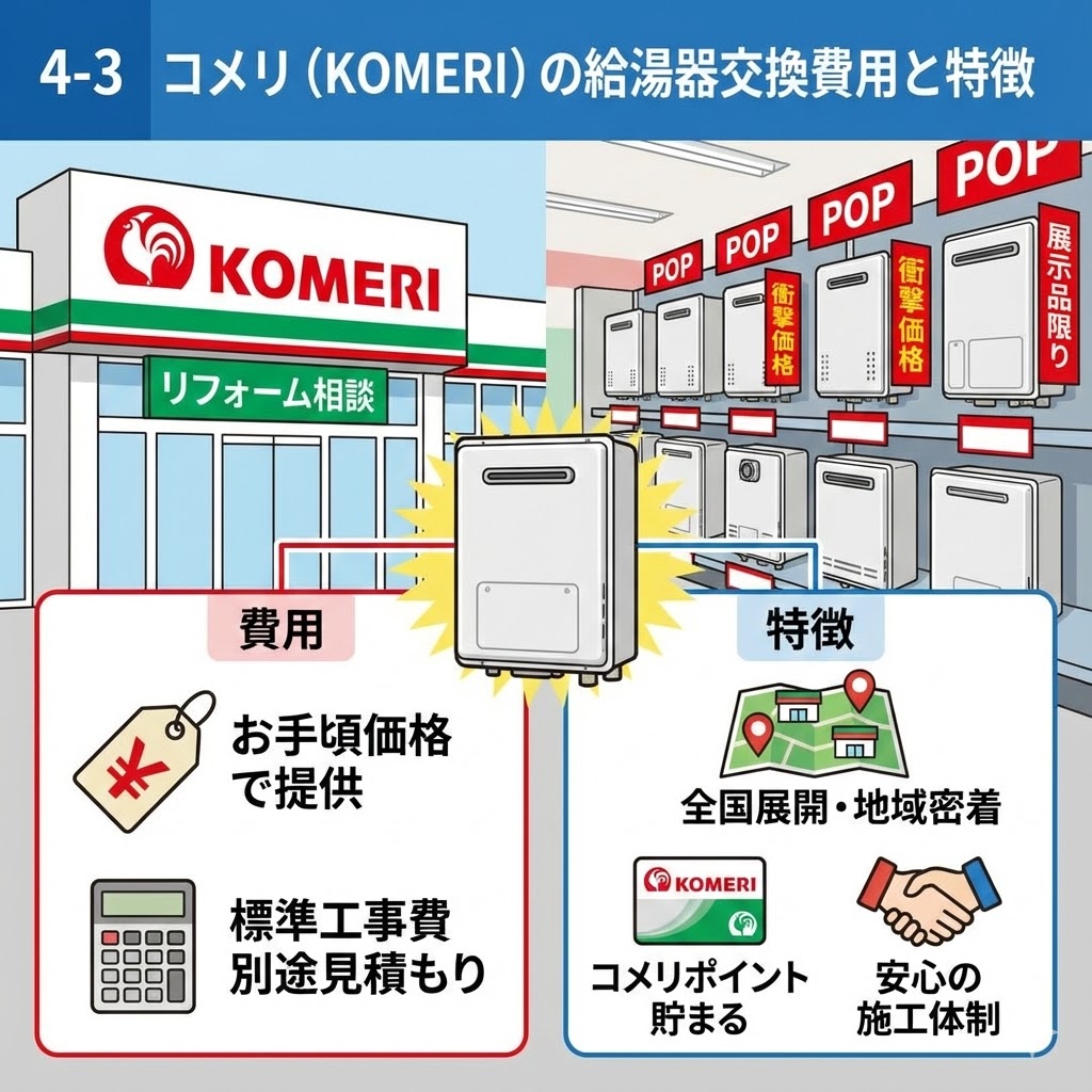 「コメリ（KOMERI）の給湯器交換費用と特徴」を図解したイラスト。店舗のリフォーム相談窓口や売り場の「衝撃価格」POPの様子に加え、費用面での「お手頃価格で提供」「標準工事費別途見積もり」や、特徴としての「全国展開・地域密着」「コメリポイント貯まる」「安心の施工体制」といったポイントが分かりやすくまとめられている。