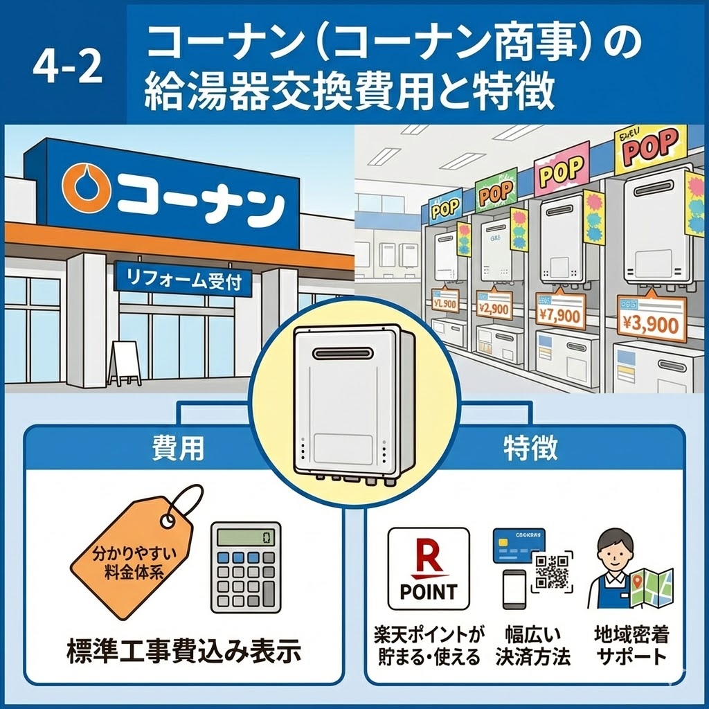 「コーナン（コーナン商事）の給湯器交換費用と特徴」を図解したイラスト。店舗のリフォーム受付や売り場の様子に加え、費用面での「分かりやすい料金体系（標準工事費込み表示）」や、特徴としての「楽天ポイントが貯まる・使える」「幅広い決済方法」「地域密着サポート」といったメリットが分かりやすくまとめられている。
