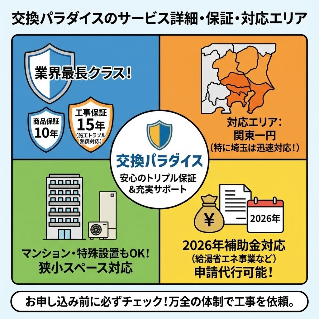 「交換パラダイスのサービス詳細・保証・対応エリア」と題したインフォグラフィック。中央に「安心のトリプル保証＆充実サポート」のロゴ。左上は盾のアイコンで「業界最長クラス！商品保証10年・工事保証15年（施工トラブル無償対応）」。右上は地図で「対応エリア：関東一円（特に埼玉は迅速対応！）」。左下はマンションのイラストで「マンション・特殊設置もOK！狭小スペース対応」。右下はお金とカレンダーのアイコンで「2026年補助金対応（給湯省エネ事業など）申請代行可能！」。下部に「お申し込み前に必ずチェック！万全の体制で工事を依頼。」と記載。