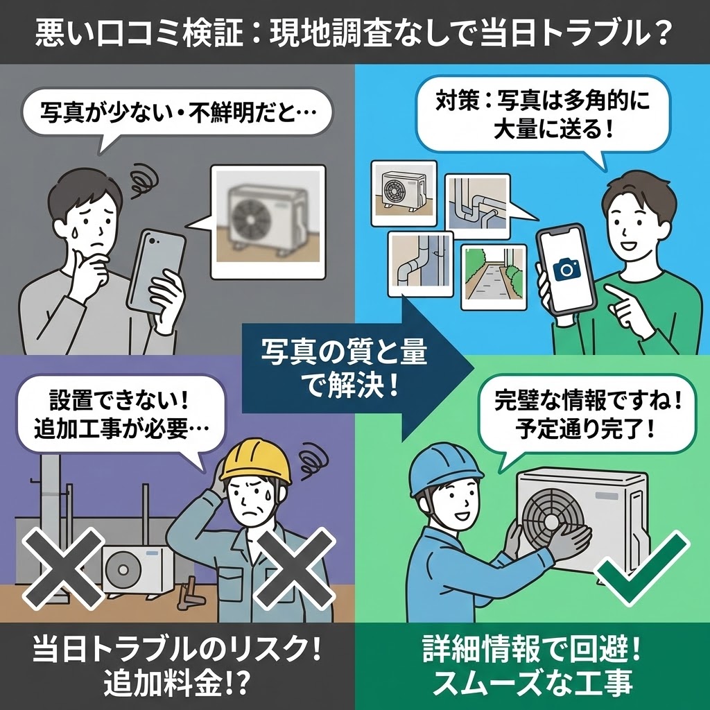 悪い口コミ検証：現地調査なしで当日トラブル？というタイトルの図解イラスト。左側は写真が少なく不鮮明なため当日トラブルや追加料金のリスクがあることを示し、困った表情の人物とバツ印が描かれている。右側は対策として写真を多角的かつ大量に送ることで詳細情報が伝わり、スムーズに工事が完了することを示し、笑顔の人物とチェックマークが描かれている。中央に「写真の質と量で解決！」という矢印がある。