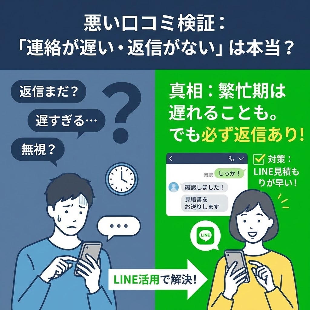 悪い口コミ検証：「連絡が遅い・返信がない」は本当？というタイトルの図解イラスト。左側にはスマホを見て「返信まだ？」と焦る男性と時計が描かれ、繁忙期は遅れる可能性があることを示唆。右側には「真相：繁忙期は遅れることも。でも必ず返信あり！」と記載され、LINEのトーク画面でスムーズにやり取りする笑顔の女性と「対策：LINE見積もりが早い！」という解決策が提示されている。中央下部に「LINE活用で解決！」という矢印がある。