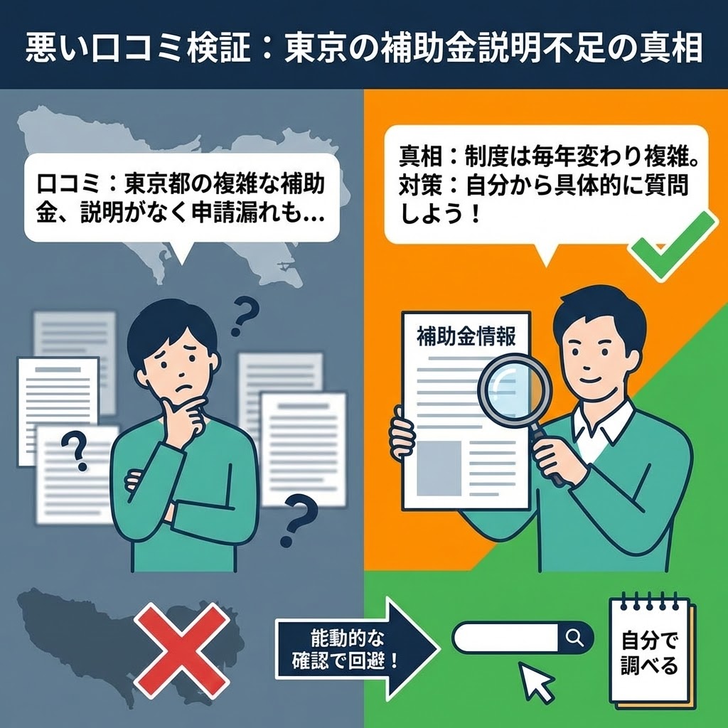 悪い口コミ検証：東京の補助金説明不足の真相というタイトルの図解イラスト。左側には東京都の複雑な補助金制度について説明がなく困惑する男性とバツ印が描かれ、右側には制度の複雑さを理解し自分から質問する対策をとる男性とチェックマークが描かれている。「能動的な確認で回避！」と自分で調べることを推奨するイラスト。
