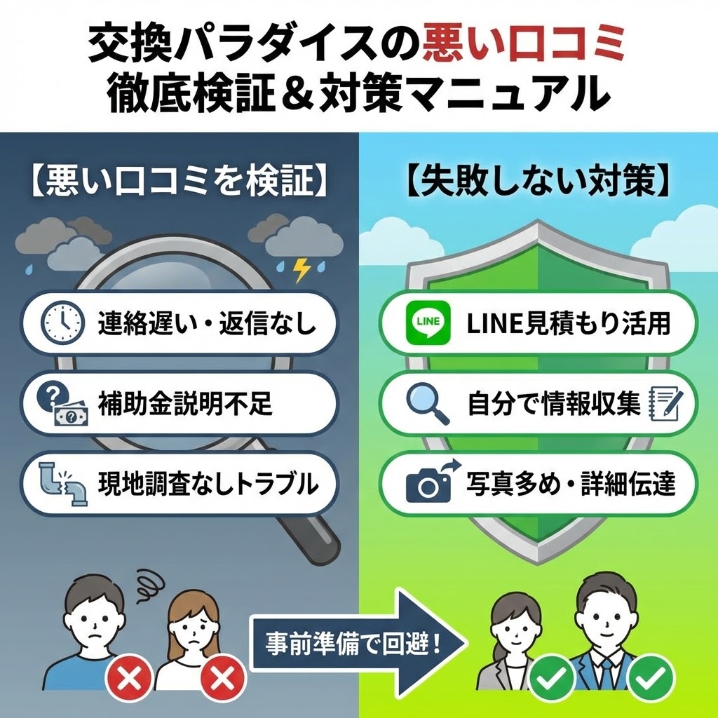 交換パラダイスの悪い口コミ徹底検証＆対策マニュアルというタイトルの比較図解イラスト。左側の「悪い口コミを検証」では、連絡遅い、補助金説明不足、現地調査なしトラブルといった問題を虫眼鏡で調べ、困った表情の人物を描写。右側の「失敗しない対策」では、LINE見積もり活用、自分で情報収集、写真多め・詳細伝達といった解決策を盾のアイコンと共に示し、笑顔の人物を描写。「事前準備で回避！」という矢印で両者を結んでいる。