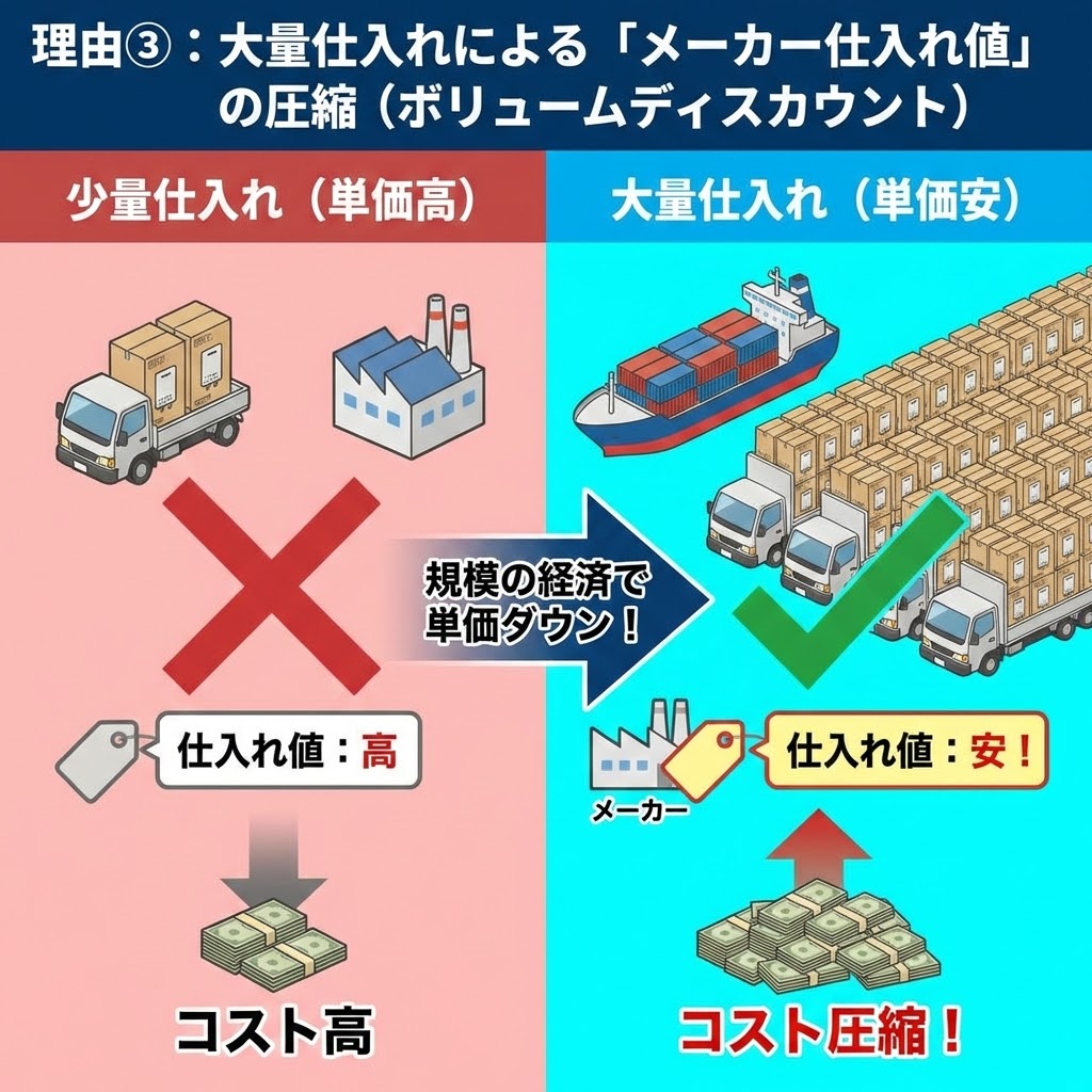 交換パラダイスの安さの理由③：大量仕入れによるメーカー仕入れ値の圧縮（ボリュームディスカウント）を解説した図解インフォグラフィック。左側の「少量仕入れ（単価高）」では少ない荷物でコスト高になることをバツ印で示し、右側の「大量仕入れ（単価安）」ではコンテナ船や多数のトラックで大量に仕入れることで規模の経済が働き、仕入れ値が安くなりコストが圧縮されることをチェック印で比較して示している。