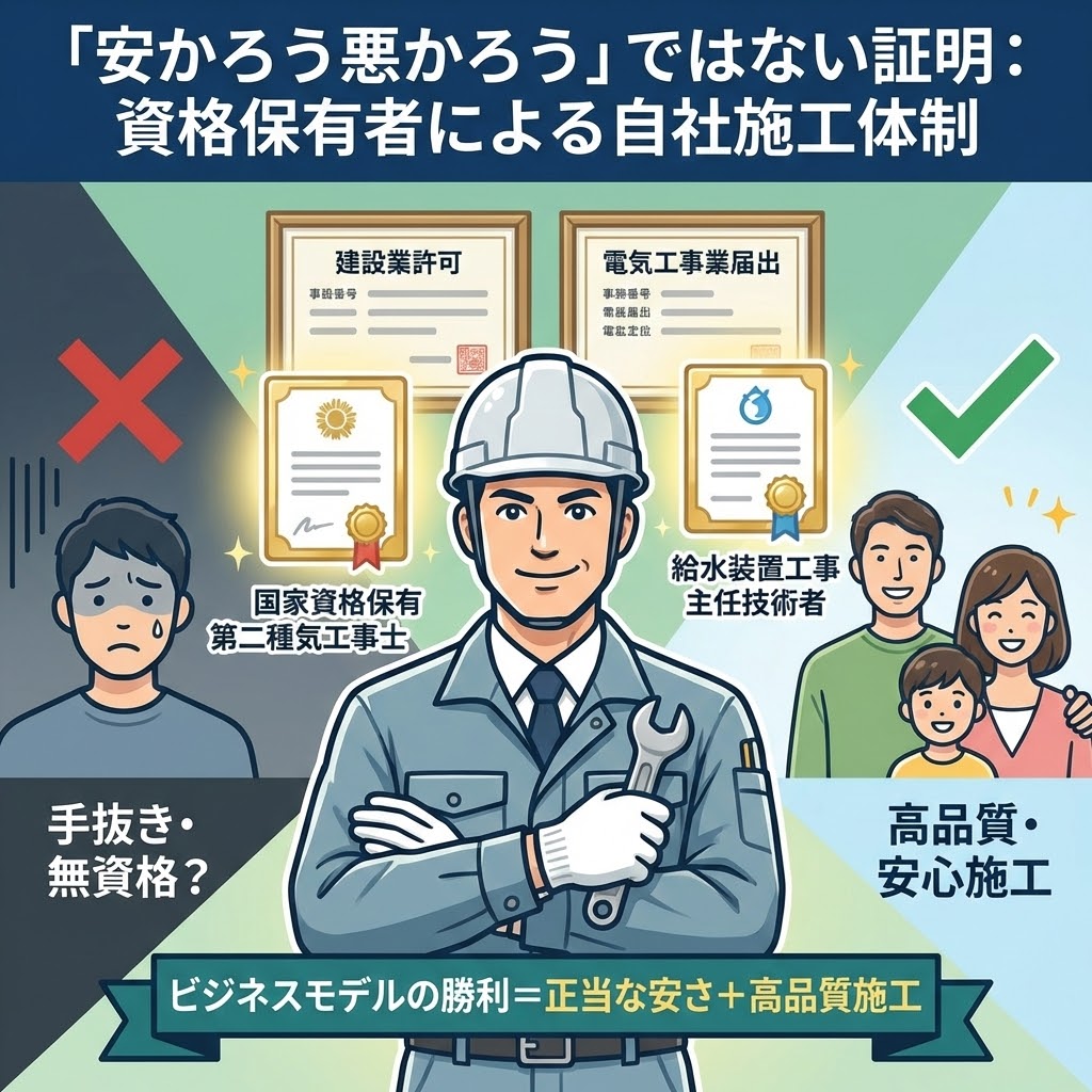 交換パラダイスの安さの理由④：「安かろう悪かろう」ではない証明として、資格保有者による自社施工体制を解説する図解インフォグラフィック。中央には第二種電気工事士や給水装置工事主任技術者などの国家資格を持つ自信に満ちた職人と、建設業許可などの証明書が描かれている。左側では「手抜き・無資格？」の不安をバツ印で否定し、右側では「高品質・安心施工」で喜ぶ家族をチェック印で肯定。「ビジネスモデルの勝利＝正当な安さ＋高品質施工」という結論を示している。
