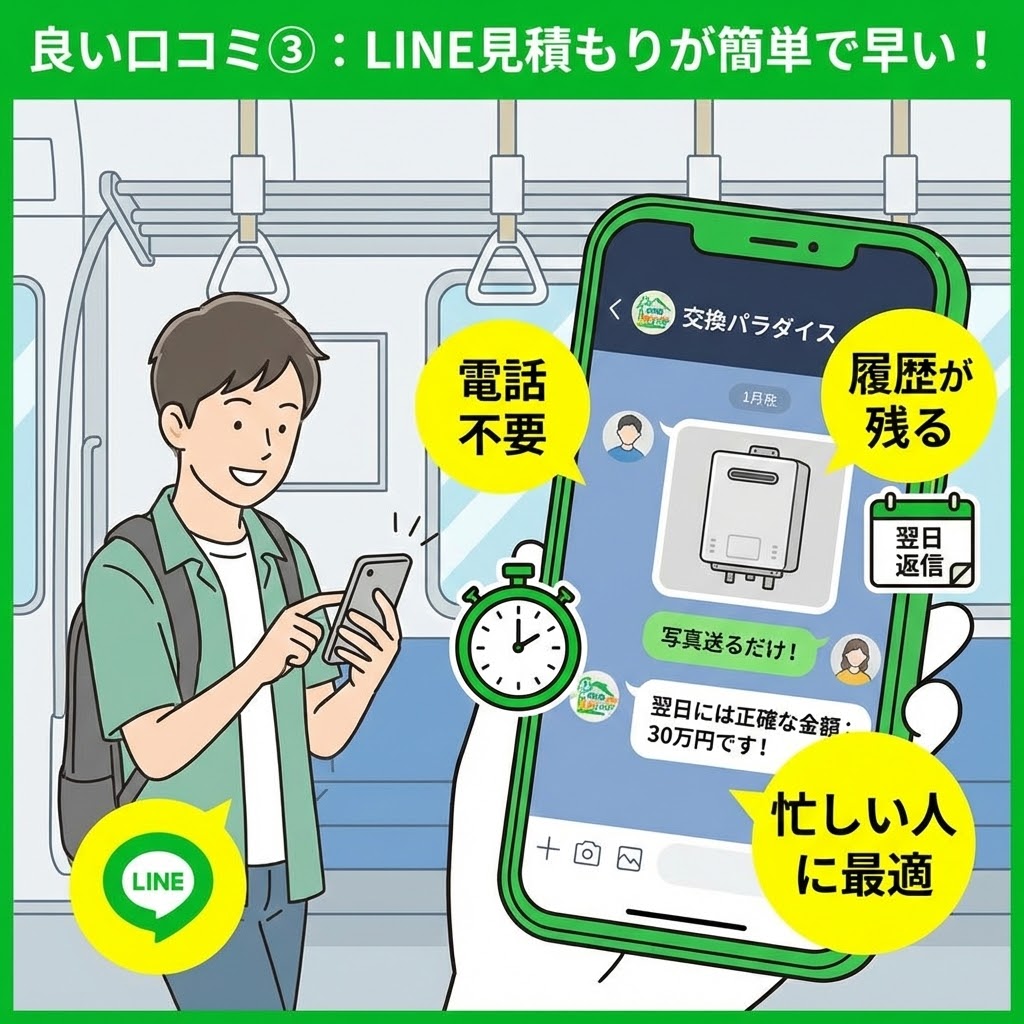 良い口コミ③：LINE見積もりが簡単で早いことを示すイラスト。電車移動中の男性がスマホでLINEを開き、給湯器の写真を送るだけで翌日には正確な見積もりが届く様子が描かれている。「電話不要」「履歴が残る」「忙しい人に最適」というメリットが強調されている。