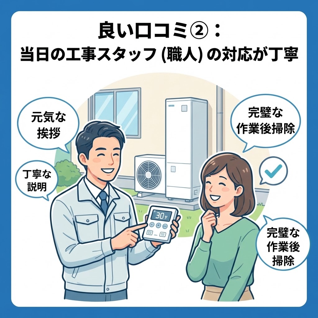 良い口コミ②：当日の工事スタッフ（職人）の対応が丁寧であることを示すイラスト。笑顔の男性職人が、新しいエコキュートのリモコン操作を女性客に親切に説明している。「元気な挨拶」「丁寧な説明」「完璧な作業後掃除」といった評価ポイントの吹き出しがある。