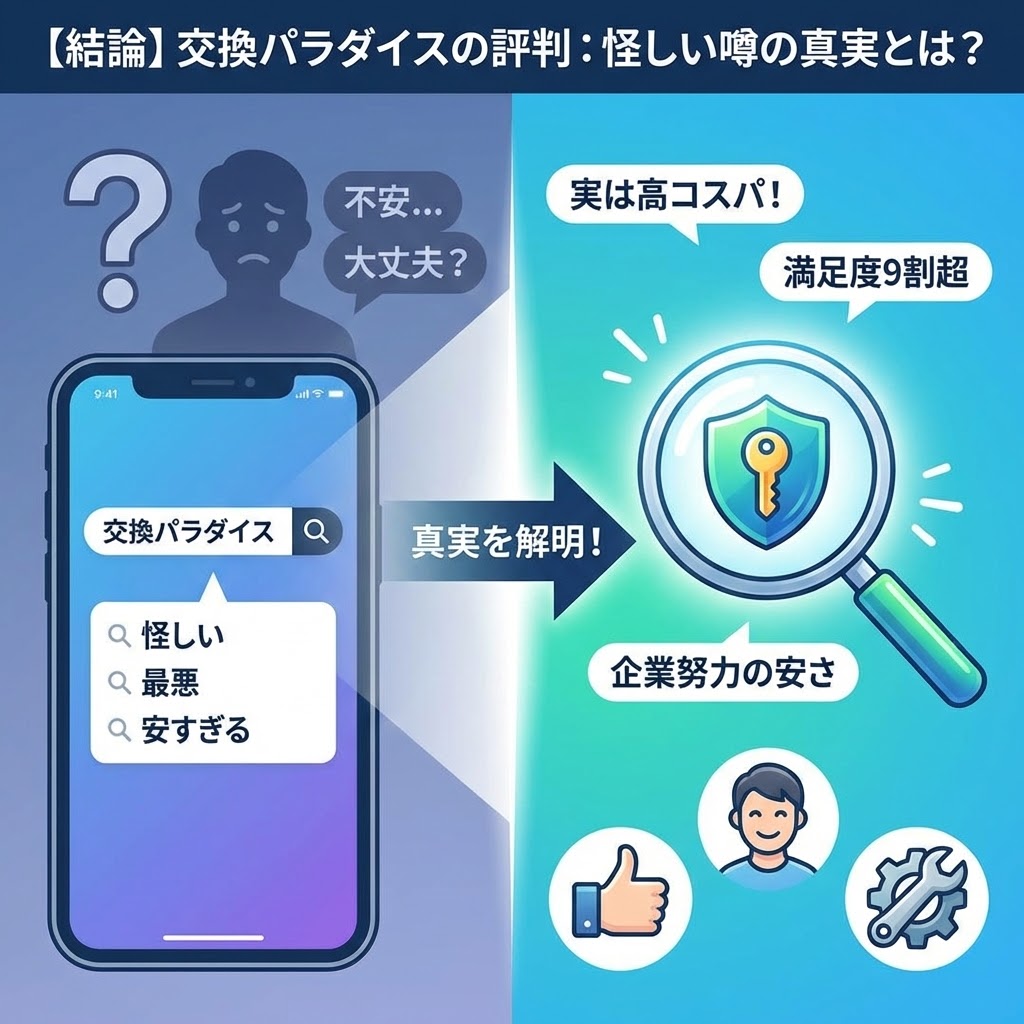 【結論】交換パラダイスの評判：怪しい噂の真実とは？というタイトルの図解画像。左側にはスマホで「交換パラダイス」と検索し、「怪しい」「最悪」といったサジェストを見て不安げな表情の人物が描かれている。中央の「真実を解明！」という矢印の先にある右側では、虫眼鏡が盾と鍵のアイコンを照らし、「実は高コスパ！」「満足度9割超」「企業努力の安さ」という肯定的な真実が明らかになり、笑顔の人物とグッドサイン、工具のアイコンが描かれている。ネガティブな噂の裏にあるポジティブな実態を解説するイラスト。