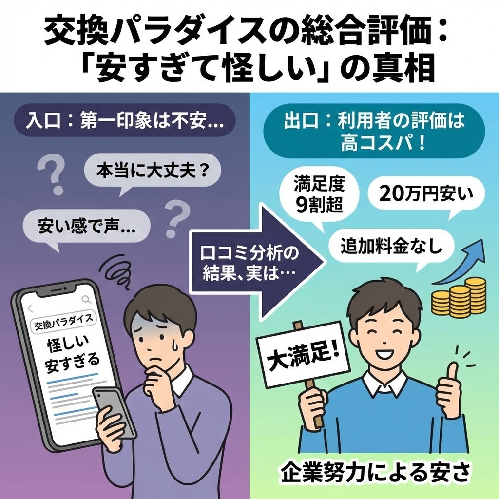 交換パラダイスの総合評価：「安すぎて怪しい」の真相を解説した図解。左側の「入口」では、スマホ検索で「怪しい 安すぎる」と見て不安な表情の男性と「本当に大丈夫？」という疑問符が描かれている。中央の矢印を経て、右側の「出口」では、同じ男性が「大満足！」の看板を持って笑顔でグッドサインをしており、「利用者の評価は高コスパ！」「満足度9割超」「20万円安い」「追加料金なし」というポジティブな口コミ結果と「企業努力による安さ」が示されている。口コミ分析によって不安が解消され、高評価に至るプロセスを表現したイラスト。
