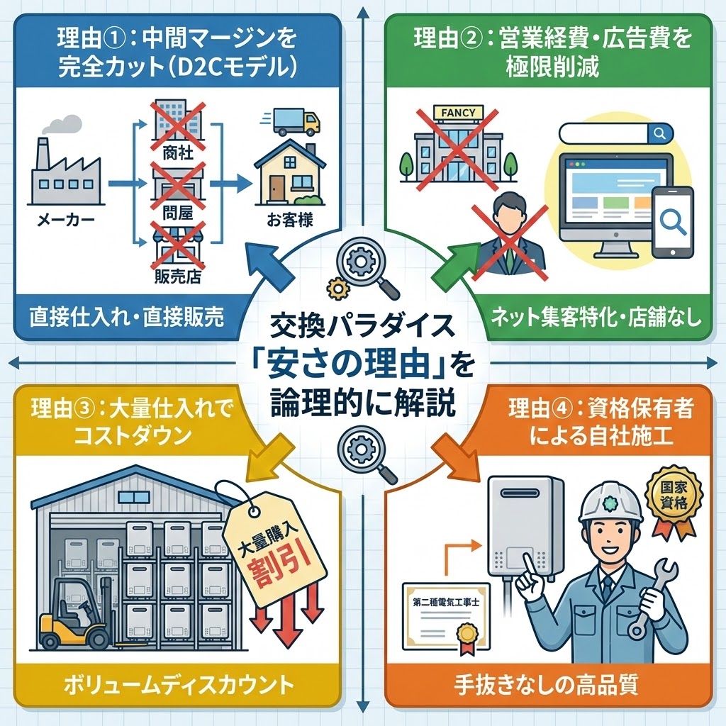 「交換パラダイス『安さの理由』を論理的に解説」と題した図解インフォグラフィック。4つの理由として、1)中間マージンを完全カットするD2Cモデル（直接仕入れ・直接販売）、2)ネット集客特化・店舗なしによる営業経費・広告費の極限削減、3)大量仕入れによるボリュームディスカウントでコストダウン、4)第二種電気工事士などの資格保有者による自社施工で手抜きなしの高品質を維持、という仕組みをイラスト付きで解説している。