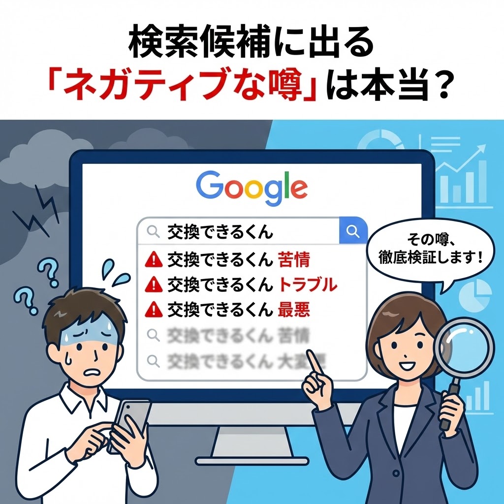 Google検索で「交換できるくん」と入力した際に表示される「苦情」「トラブル」「最悪」といったネガティブな検索候補(サジェスト)を見て不安になる男性と、「その噂、徹底検証します!」と解説する専門家の女性のイラスト。「検索候補に出る『ネガティブな噂』は本当?」というタイトルが上部にある。