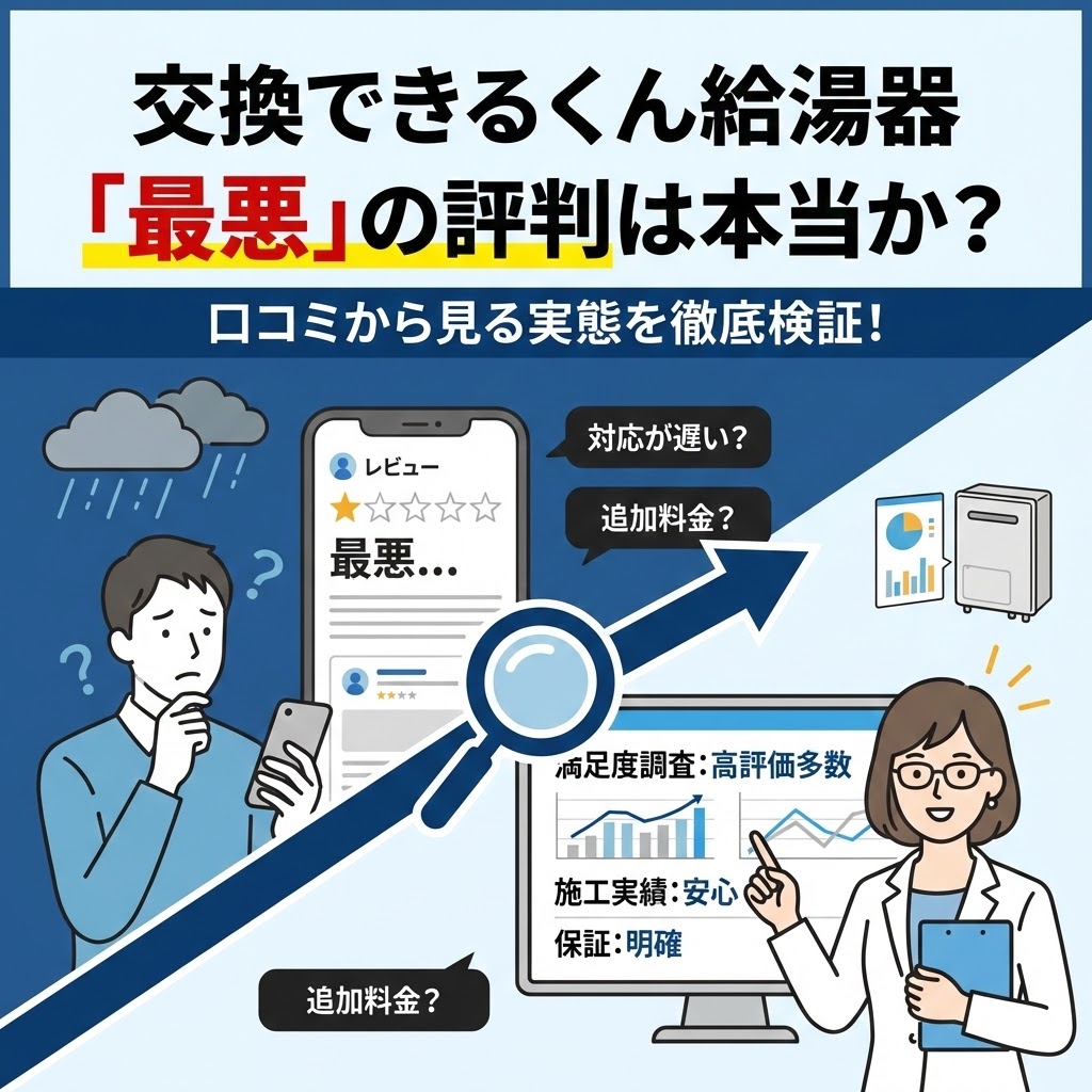 交換できるくんの給湯器交換に関する「最悪」という悪い評判が本当かを、口コミから徹底検証する図解画像。左側には「対応が遅い」「追加料金」といったネガティブなレビューを見て不安になる男性、右側には満足度調査や施工実績のデータをもとに真実を解説する専門家のイラストが描かれている。