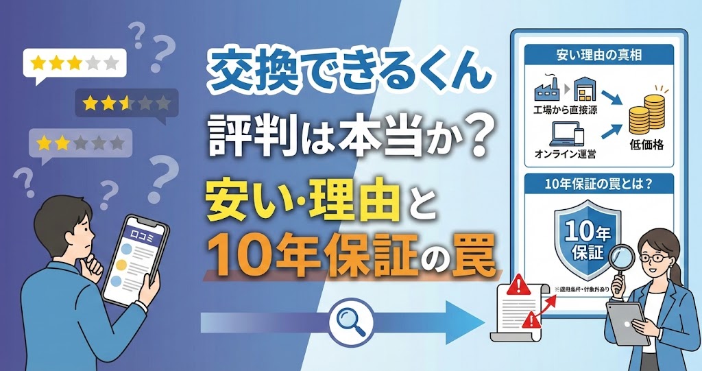交換できるくんの給湯器交換に関する評判、安い理由(工場直送・オンライン運営)、10年保証の注意点(適用条件の罠)について解説するアイキャッチ画像。口コミを見て悩む人と、真相を解説する専門家のイラスト。