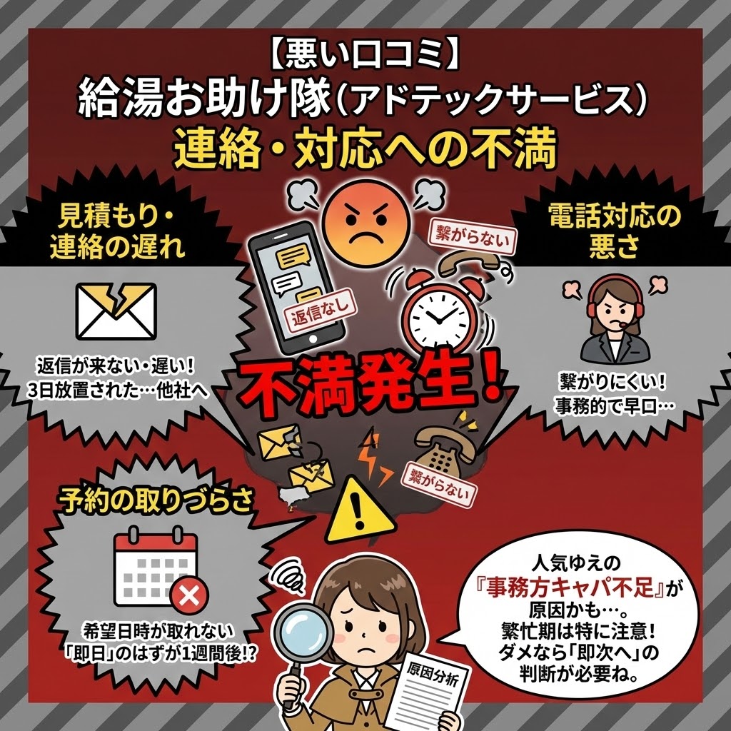 【悪い口コミ】給湯お助け隊（アドテックサービス）の連絡・対応への不満をまとめた図解。見積もり返信の遅れ（「返信が来ない・遅い！」「3日放置された」）、電話対応の悪さ（「繋がりにくい！」「事務的で早口」）、予約の取りづらさ（「希望日時が取れない」「『即日』のはずが1週間後!?」）などが原因で「不満発生！」となっている状況を怒りのアイコンなどで表現。探偵キャラクターが、人気による事務方のキャパシティ不足が原因である可能性と、繁忙期は特に注意し、ダメならすぐに他社へ切り替える判断が必要だと分析しているイラスト。