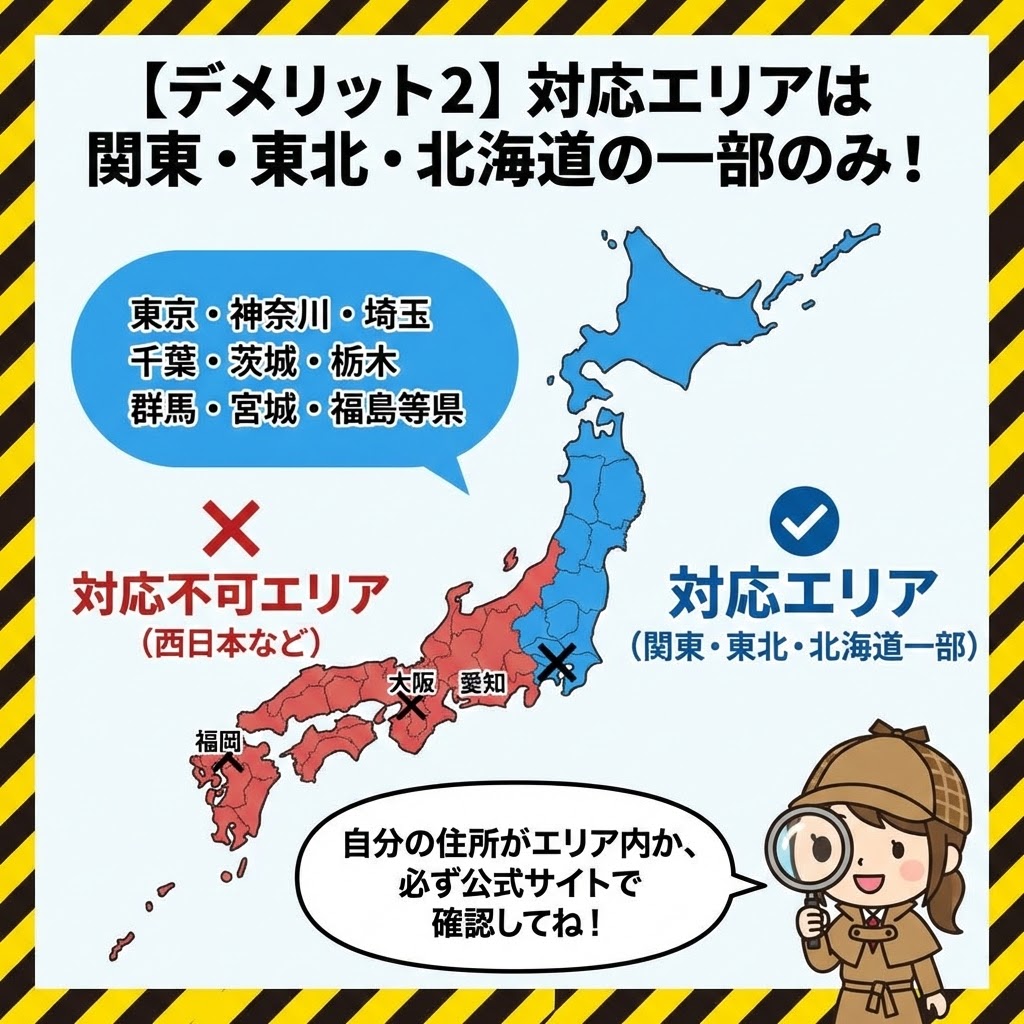 【デメリット2】給湯お助け隊（アドテックサービス）の対応エリアは関東・東北・北海道の一部のみであることを示す日本地図のインフォグラフィック。青色で示された対応エリア（東京、神奈川、埼玉、千葉、茨城、栃木、群馬、宮城、福島、北海道一部）と、赤色で示された対応不可エリア（西日本など、大阪・愛知・福岡に×印）が一目でわかるよう色分けされている。探偵キャラクターが「自分の住所がエリア内か、必ず公式サイトで確認してね！」と注意を促している。