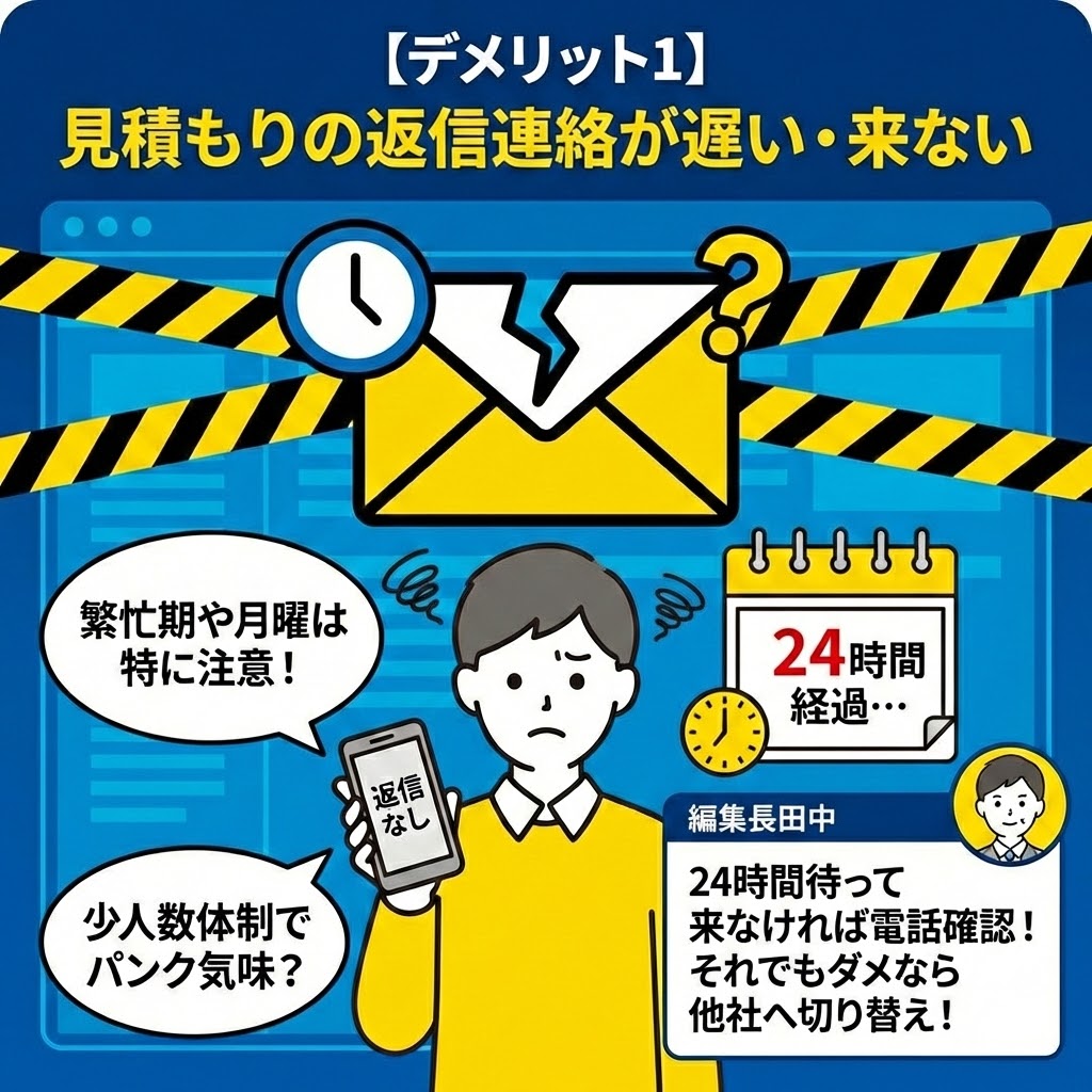 【デメリット1】給湯お助け隊（アドテックサービス）の見積もり返信連絡が遅い・来ない問題を図解したインフォグラフィック。破れた封筒や「24時間経過」のカレンダー、困っている利用者のイラストと共に、繁忙期や月曜日は特に注意が必要であること、少人数体制が原因である可能性、そして「24時間待って来なければ電話確認！それでもダメなら他社へ切り替え！」という編集長田中の具体的なアドバイスが記載されている。