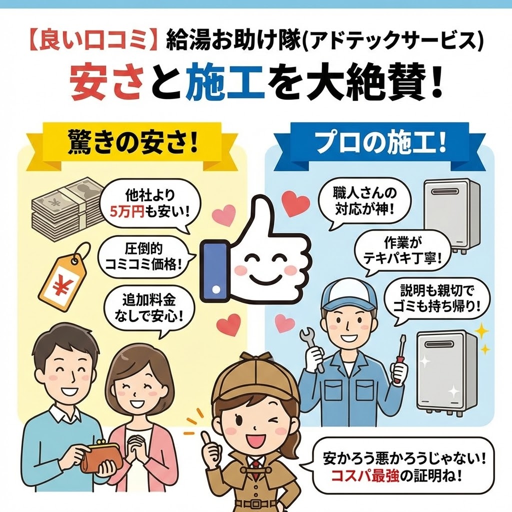 【良い口コミ】給湯お助け隊（アドテックサービス）安さと施工を大絶賛！と題されたインフォグラフィック。左側は「驚きの安さ！」として、「他社より5万円も安い！」「圧倒的コミコミ価格！」「追加料金なしで安心！」という口コミと、財布を持って喜ぶ夫婦のイラスト。右側は「プロの施工！」として、「職人さんの対応が神！」「作業がテキパキ丁寧！」「説明も親切でゴミも持ち帰り！」という口コミと、笑顔で作業する職人と新しい給湯器のイラスト。中央には大きな「いいね！」アイコンがあり、下部では探偵キャラクターが「安かろう悪かろうじゃない！コスパ最強の証明ね！」と解説している。