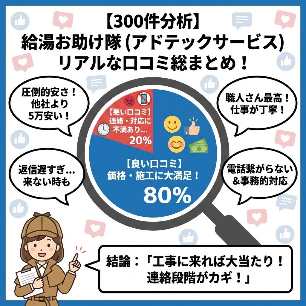【300件分析】給湯お助け隊（アドテックサービス）のリアルな口コミ総まとめ！のインフォグラフィック。円グラフで良い口コミ（価格・施工に満足）が80%、悪い口コミ（連絡・対応に不満）が20%であることを示し、具体的な声（圧倒的安さ、職人の丁寧さ、返信遅れ、電話が繋がらない等）を吹き出しで紹介。探偵キャラクターが「結論：『工事に来れば大当たり！連絡段階がカギ！』」と解説しているイラスト。